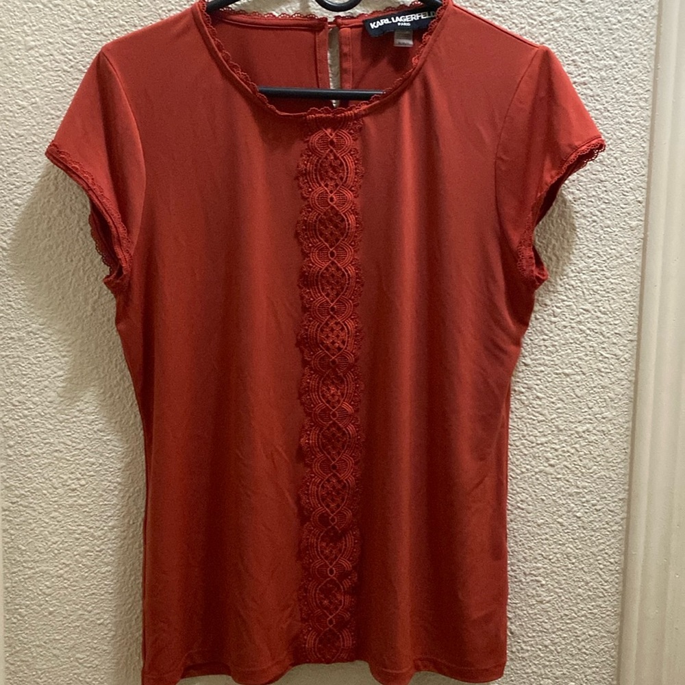 Karl Lagerfeld Red Lace-Trim Short Sleeve Top